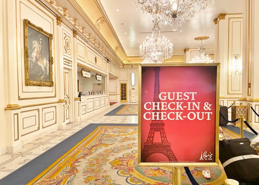 girls' trip to Las Vegas paris las vegas hotel lobby